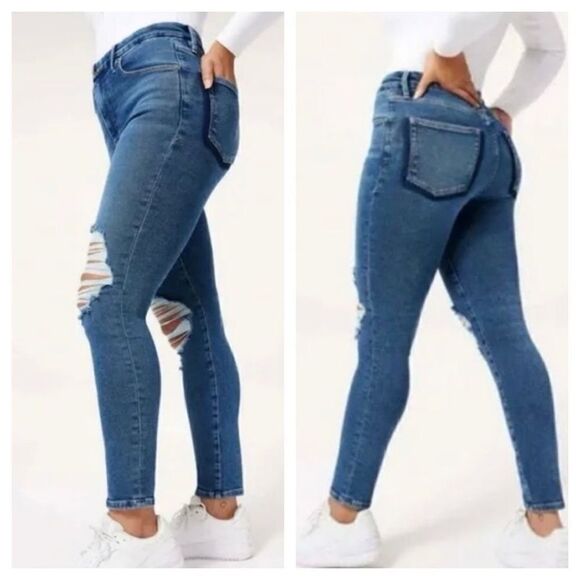 GOOD AMERICAN GOOF WAIST CROPPED HIGH RISE DISTRESSED SHODOW POCKET JEANS NWT - Picture 1 of 12